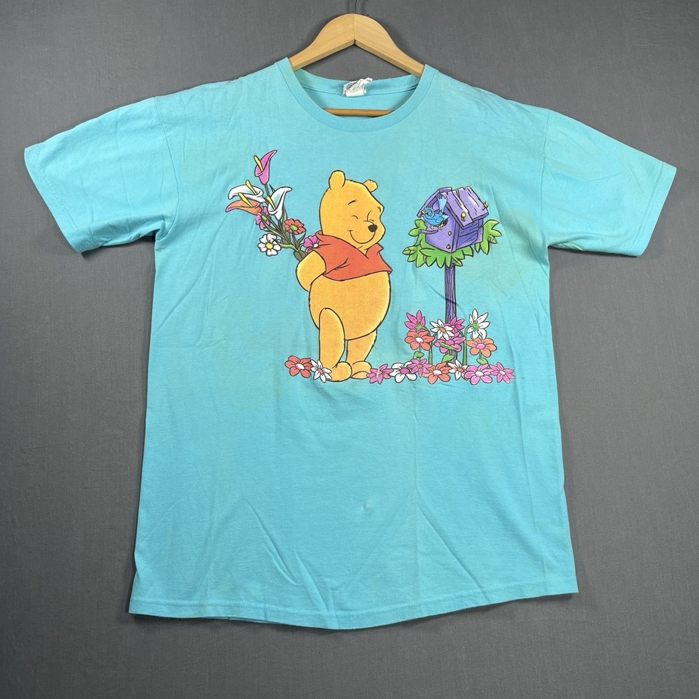 Vintage Winnie The Pooh T-Shirt Adult Large Blue Floral Cotton Short Sleeve